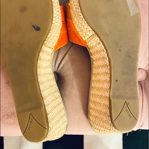 🍊 Orange colored Prada Wicker Open Toed Wedges - Picture 8 of 16